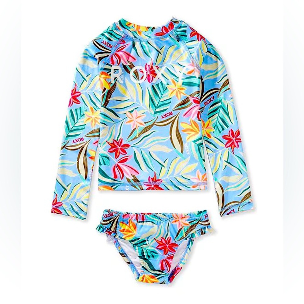 Designer NWT SPF 50 Roxy Blue Rashguard Swim Set with Tropical Print size 3T.